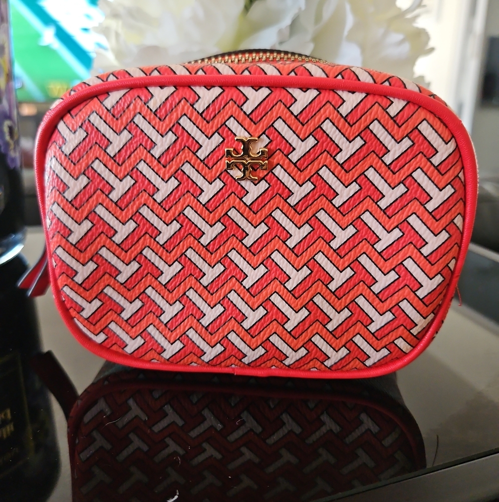 Tory Burch T Monogram Coated Canvas Dome Cosmetic Case Red & Pink Like New